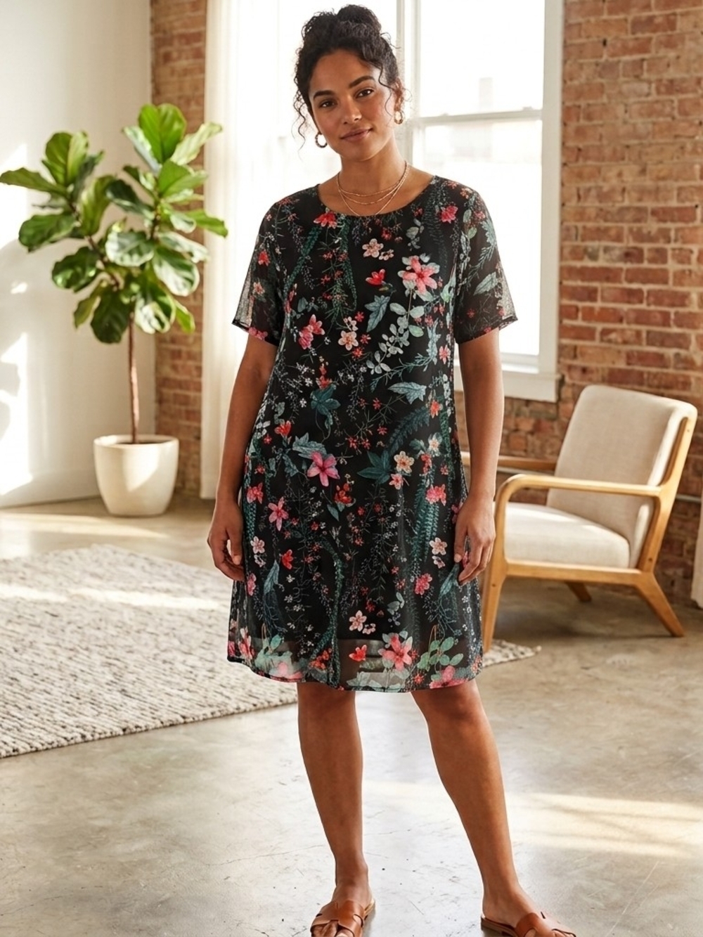 MINKPINK Black Floral Midi Shift Dress Size Small